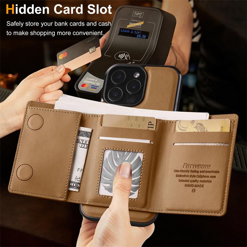 2-in-1 Magnetic Wireless Charging PU Leather Phone Case for iPhone 17 Air 17E 16 15 Pro 14 13 12Pro 11 XS Pro Max SE XR 7 8