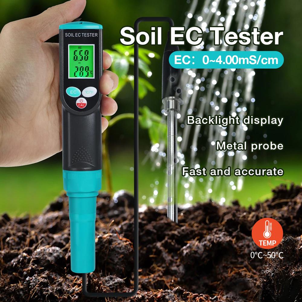 2 In 1 Digital EC/Temp Soil Tester 0.00~4.00mS/cm Conductivity Meter High Accuracy Sensor with ATC for  Planting Gardening