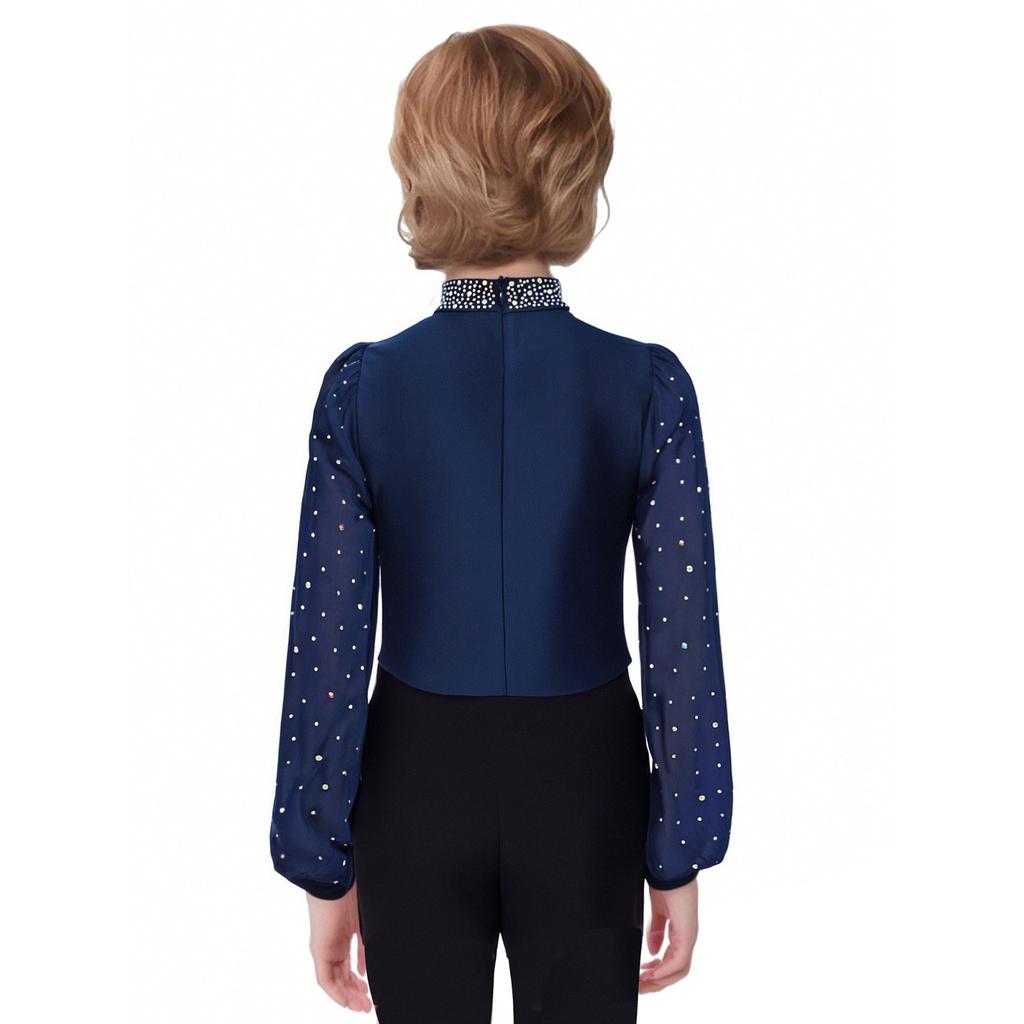 Body cu mâneci lungi și gât înalt, împodobit cu strasuri, cu capse la crotch și fermoar la spate, pentru patinaj artistic