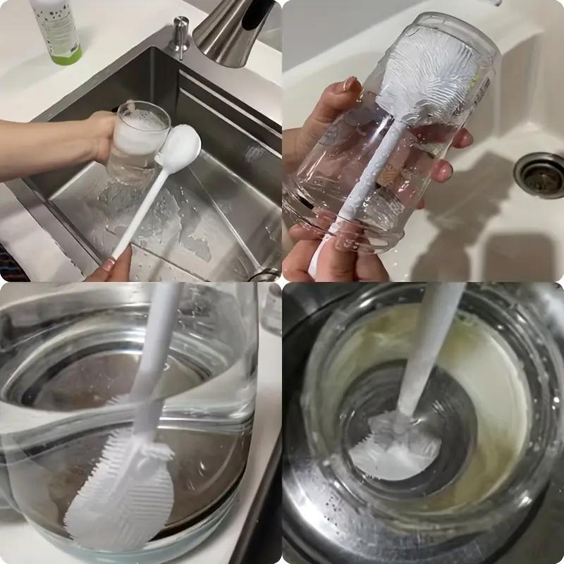 White Silicone Kitchen Cleaning Tool with Folding Brush Head and Long Handle for 360° Glass and Bottle Cleaning
