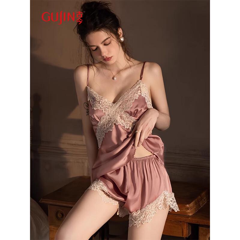 GUJIN Women s Sexy Ice Silk Lace Camisole Lounge Set L