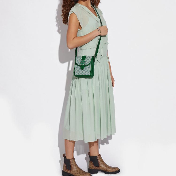 New COACH N/S Jacquard Fabric With Leather Cell Phone Pouch, Shoulder Bag Mini Women's Green C8321-SVGN