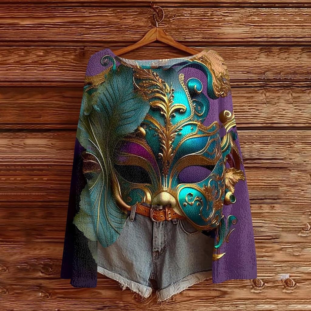 Women's Fashion Round Neck Long Sleeve Print Casual Pullover Sweater Top