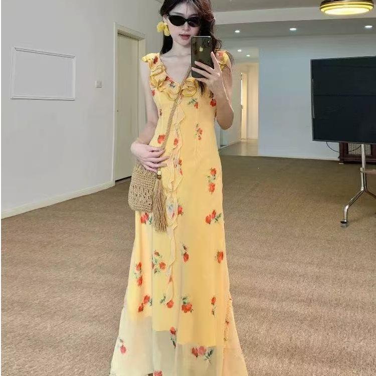 Yellow Ruffle Leaf Edge Floral Suspender Dress Women's Summer Seaside Vacation French Super Fairy Backless Beach Fishtail Dress