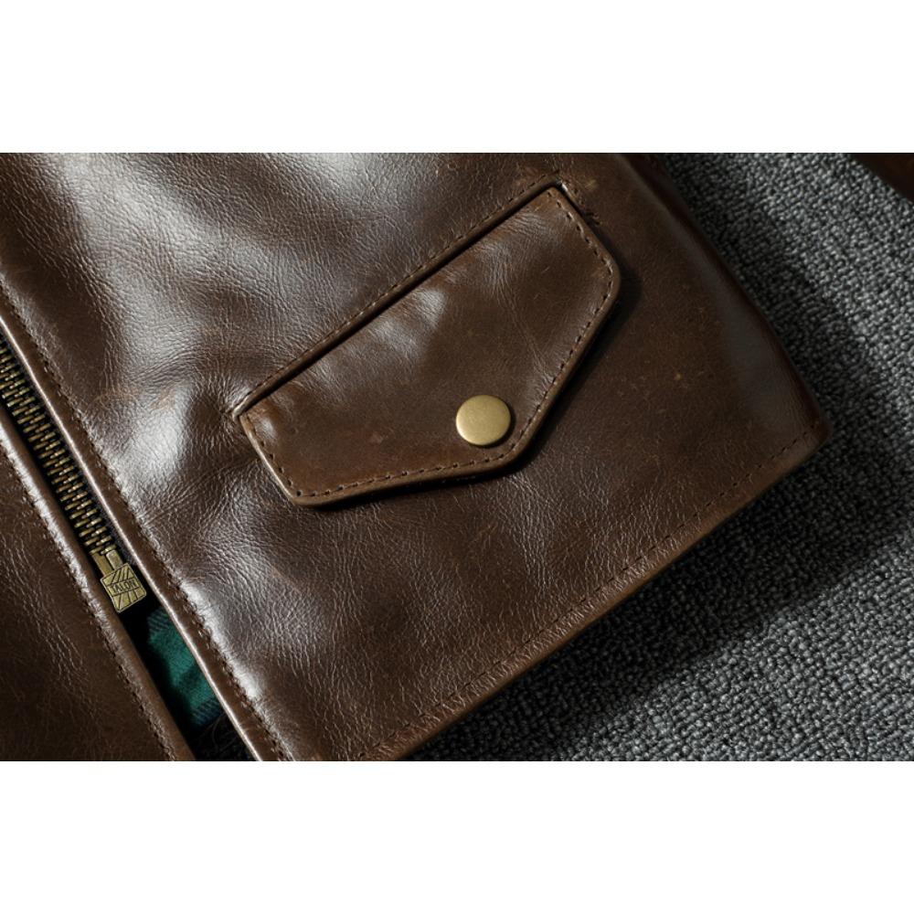 Chinese Size Style RL Top Layer Oil Waxed Cowhide Real Leather Jacket Men Stand Collar Brown Coat Men's Biker Jacket Spring Autumn