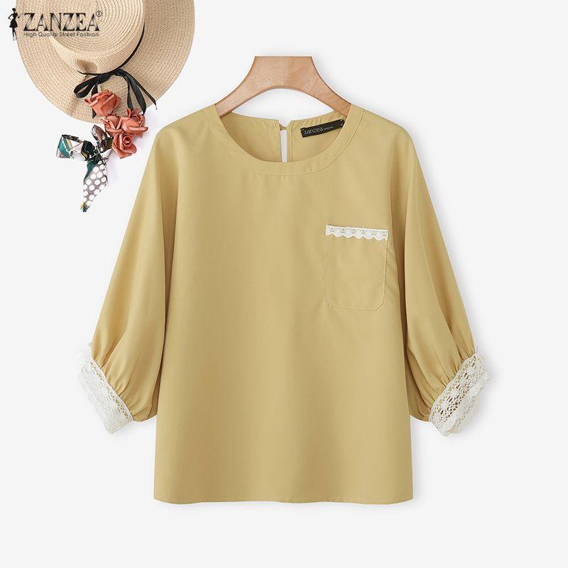 ZANZEA Women Casual Round Neck Lace Splice 3/4 Sleeve Blouse