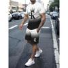 Conjunto de 2 Piezas para Hombre de Verano Camiseta de Manga Corta con Estampado de Letras y Rayas Shorts con Cordón Oversize Holgado Cuello Redondo