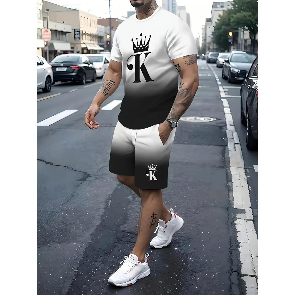 Conjunto de 2 Piezas para Hombre de Verano Camiseta de Manga Corta con Estampado de Letras y Rayas Shorts con Cordón Oversize Holgado Cuello Redondo