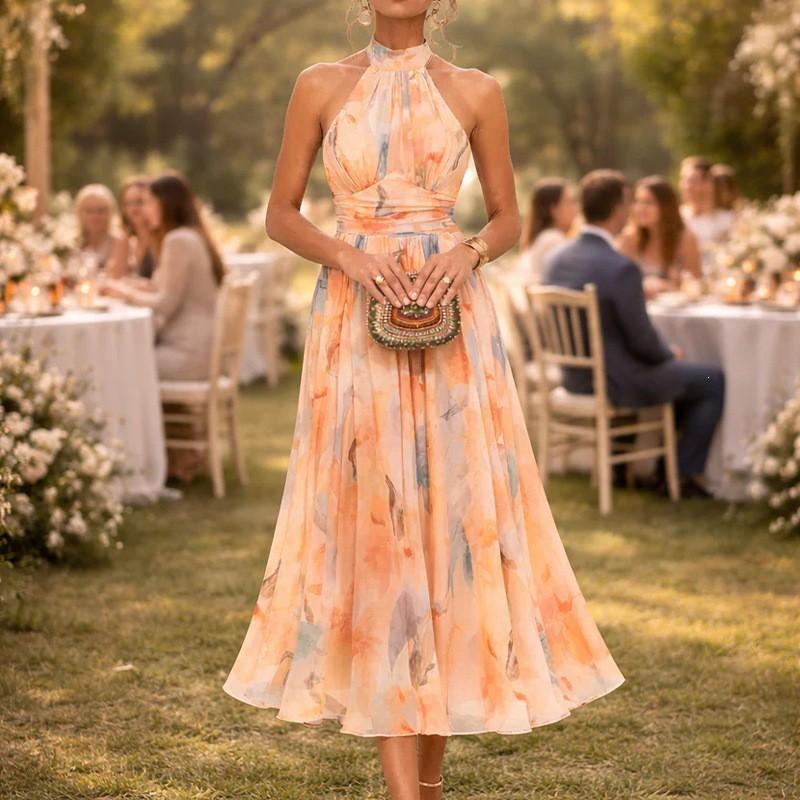 Elegant Vacation Print Sleeveless Halter Neck A-Line Maxi Dress Women 2026 Small светло-оранжевый