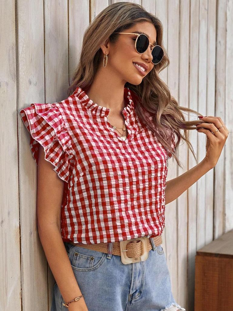 Summer Tops Double Layer Ruffled Hem Cute Sweet Girls' Dresses Check Short Sleeve