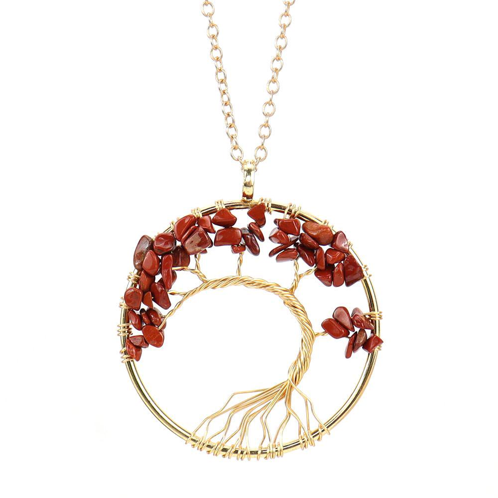 Gold Wire-Wrapped Tree of Life Necklace with Natural Crystal Crushed Stone
