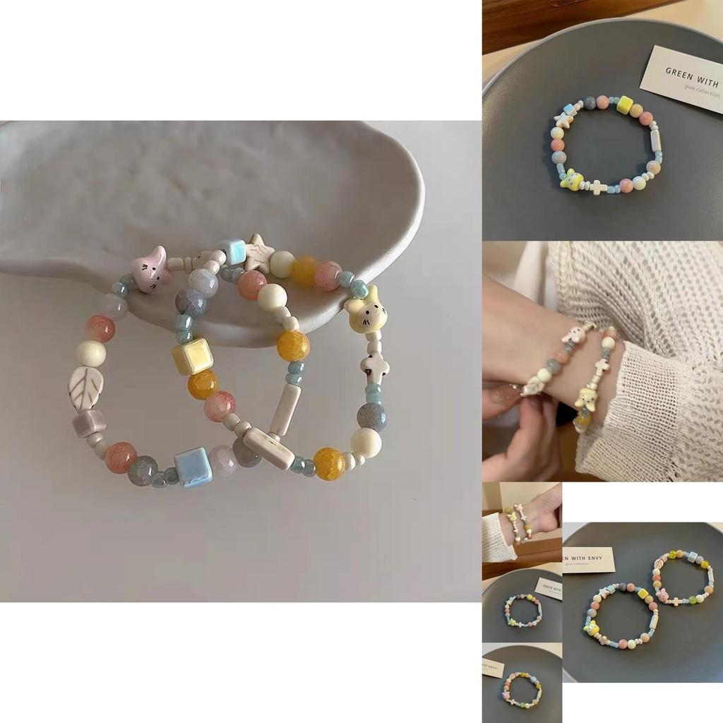 Fresh Summer Fashion Pink Ceramic Rabbit Bead Bracelet Adorable Handcrafted Jewelry