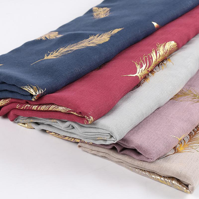 Bronzing Feathers Cotton Hijab Scarf For Muslim Woman Hijabs Shawl Viscose Soft Headband Ethnic Islam Turban Female Headscarf