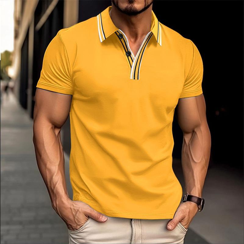 Mens Color Block Striped Slim Fit Short Sleeve Polo Shirt S жёлтый