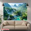 Lush Waterfall Landscape Tapestry, Serene Green Mountains, Cascading Falls and Turquoise River, Peaceful Nature Wall Art
