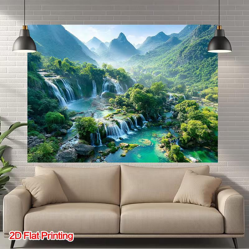 Lush Waterfall Landscape Tapestry, Serene Green Mountains, Cascading Falls and Turquoise River, Peaceful Nature Wall Art