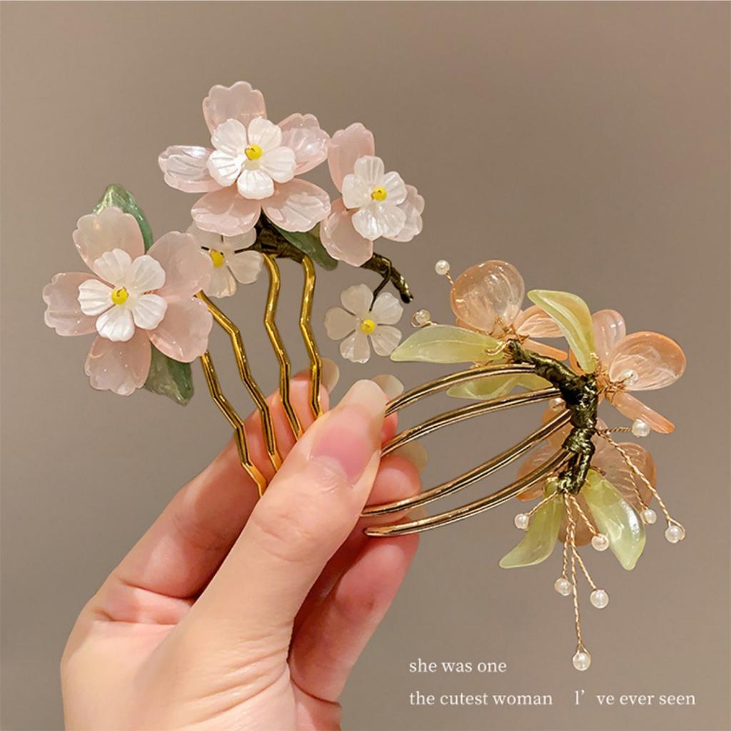 Vintage Flower Hairpin Elegant Chinese Style Glass Flower Hair Comb For Women Girls Exquisite Fairy Metal Hair Accessories 1pc