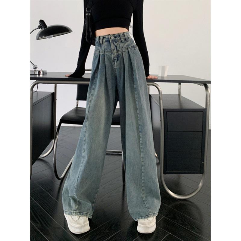 Retro High Waist Jeans for Women Spring and Autumn All-Match Small Loose-Fitting Mopping Pants Straight-Leg Wide-Leg Pants Trousers