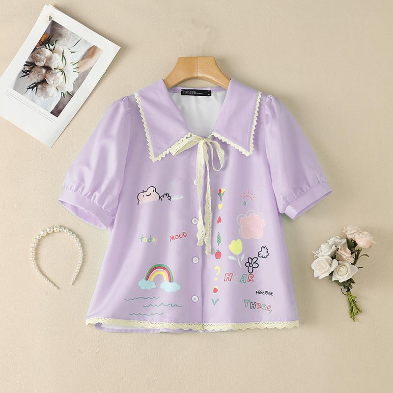 ZANZEA Women Lace Splice Turn Down Collar Casual Short Sleeve Print Blouse