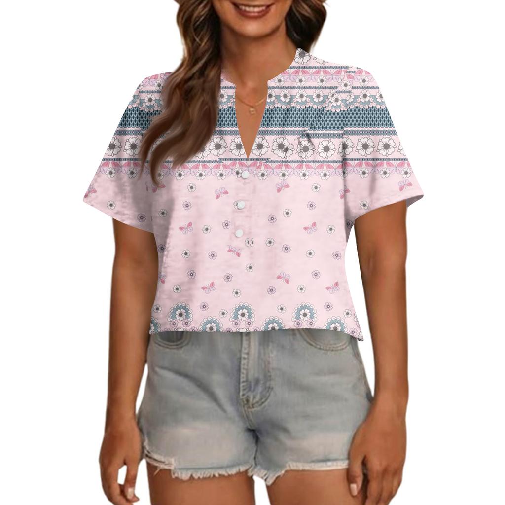 Modisches, lässiges Damen-Top mit V-Ausschnitt, Knopfleiste, Oversize-Schnitt, kurzen Ärmeln und Print