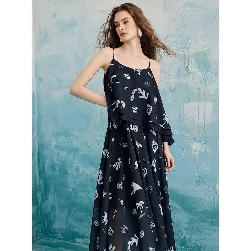 ELLE Women's Ruffle Print Chiffon Strap Maxi Dress