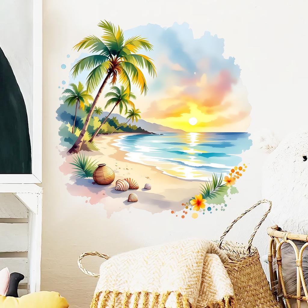 Romantic Tropical Beach Palm Tree Wall Sticker Self-Adhesive Removable Living Room Bedroom Summer Fresh Home Decor Art