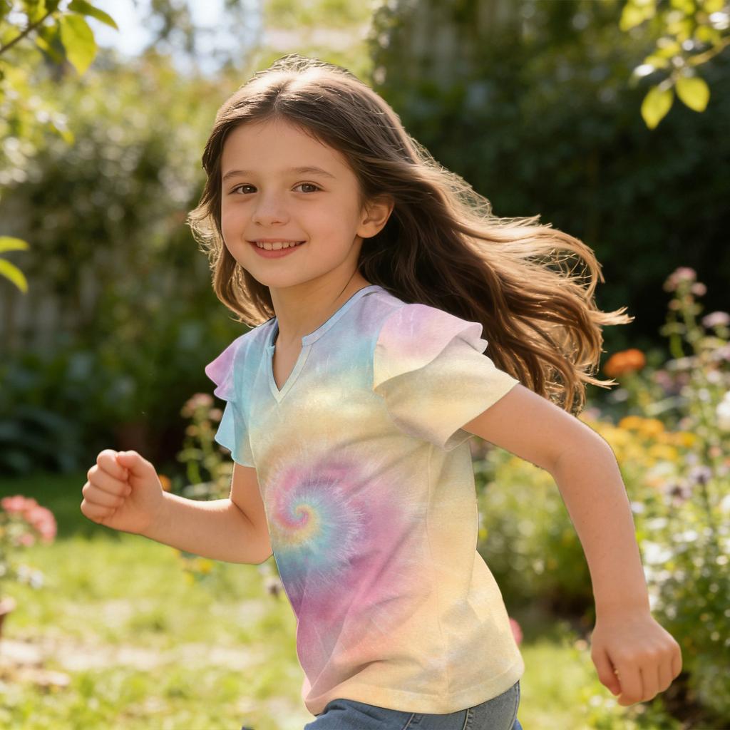 Girls V Neck Ruffle Sleeve Tie Dye Print Short Sleeve T Shirt Casual Top for Kids Summer Wear Soft Fabric Comfortable Fit