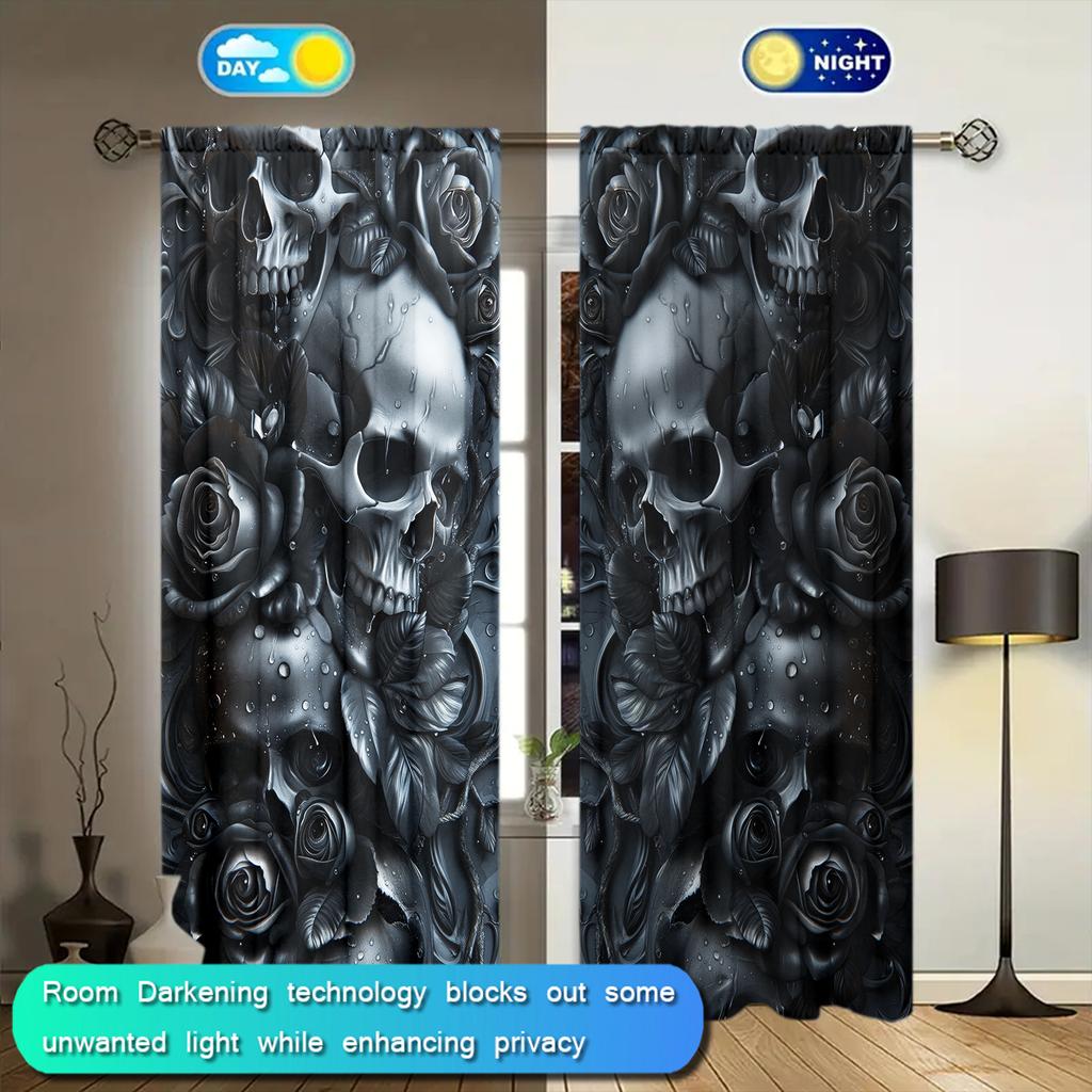 2pcs Terrifying Black Skull and Rose Printed Curtain for Halloween Home Decor - Rod Pocket Window Treatment for Bedroom, Office,