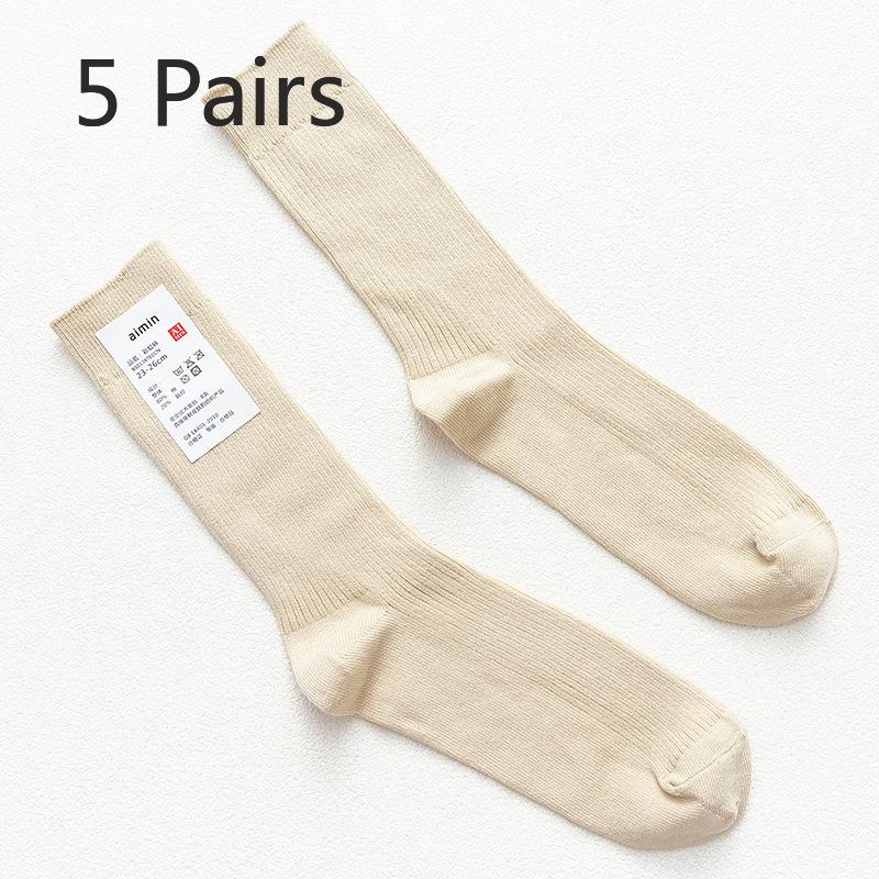 5 Pairs of Men's Retro Sweat-absorbing Vertical Striped Plain Color Cotton Mid Calf Socks
