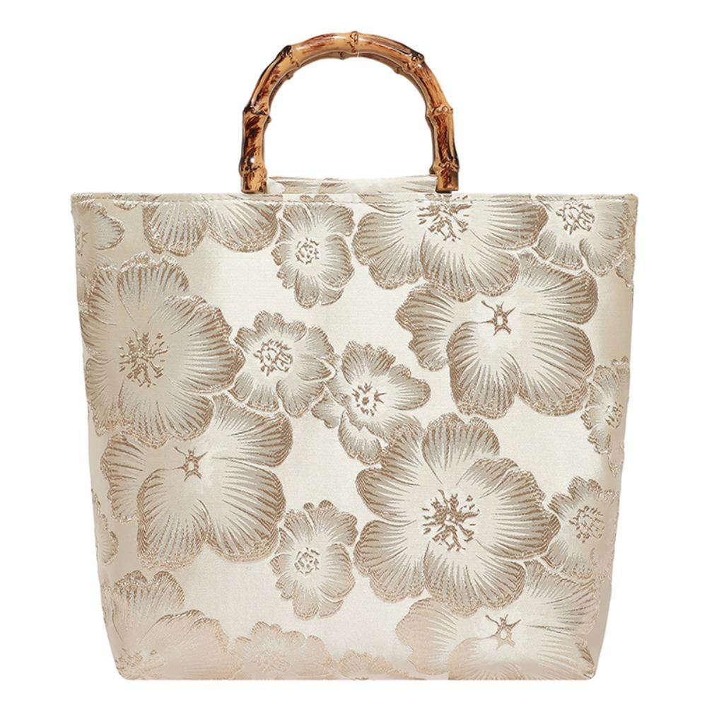 Borsa Tote Jacquard in Tela Chegsam Accessori Manico con Giunzione in Bambù Borsa a Mano Stile Cinese Grande Capacità Chiusura con Zip