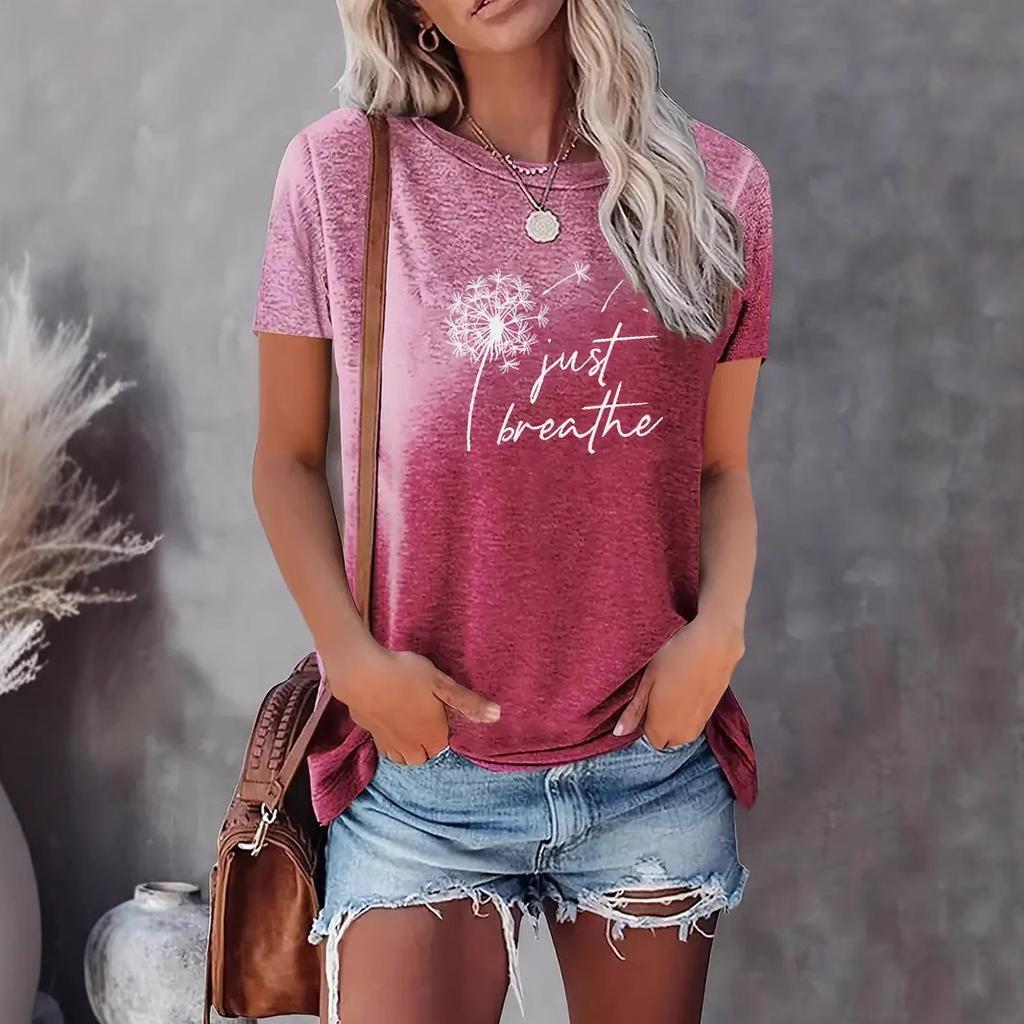Summer Round Neck Gradient Short Sleeved Top 3D Dandelion Love Pattern Printed Women's T-shirts
