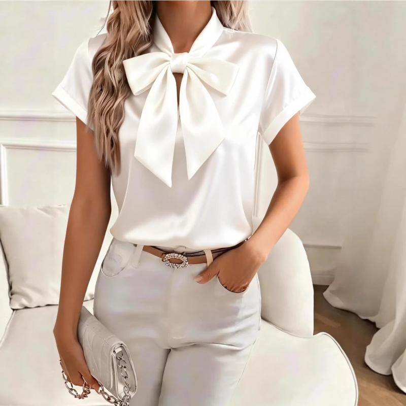 2026 Spring/Summer Solid Color Women's Short Sleeve Bow Satin Blouse Shirt Top