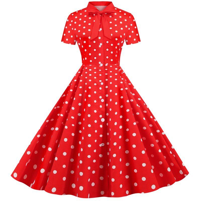 Summer Fashion Style Polka Dot Short Sleeve Bowknot Print Party Swing Dress Female Fashion