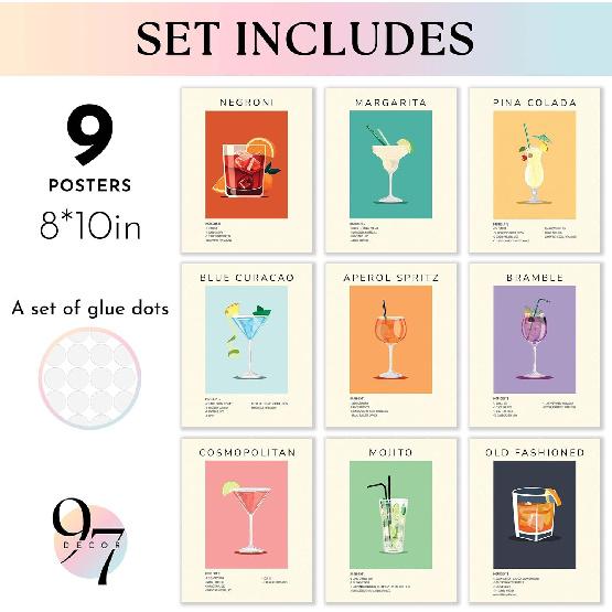 97 Decor Vintage Cocktail Poster - Bar Cart Accessories and Decor, Retro Cocktail Wall Art, Funky Drink Aesthetic Pictures, Colorful Preppy Bar Art