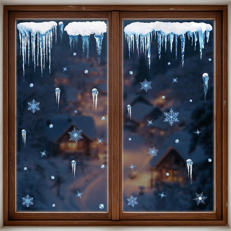 Blue Christmas Window Static Clings With Santa Snowman Reindeer Patterns For Home Xmas Party Decorations