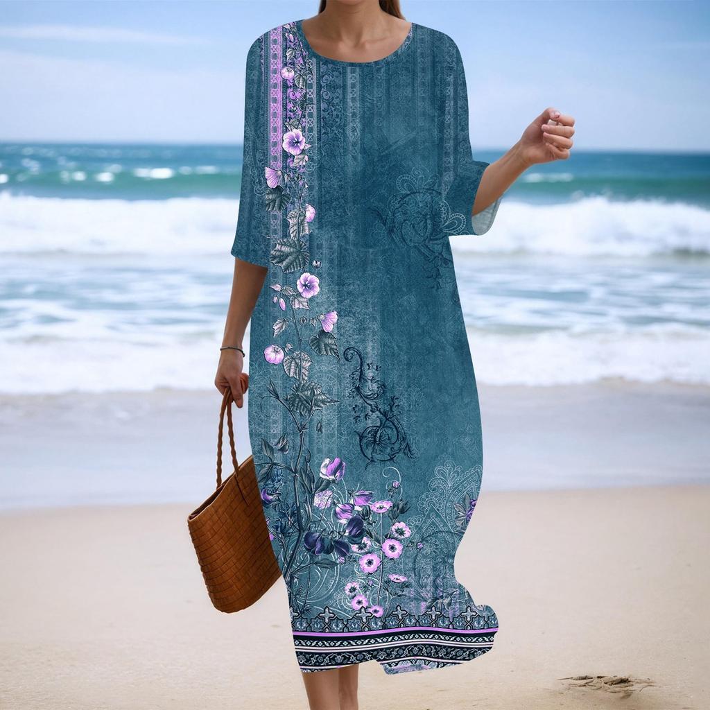 Women's Fashionable Printed Round Neck Seven Quarter Sleeve Loose Dress