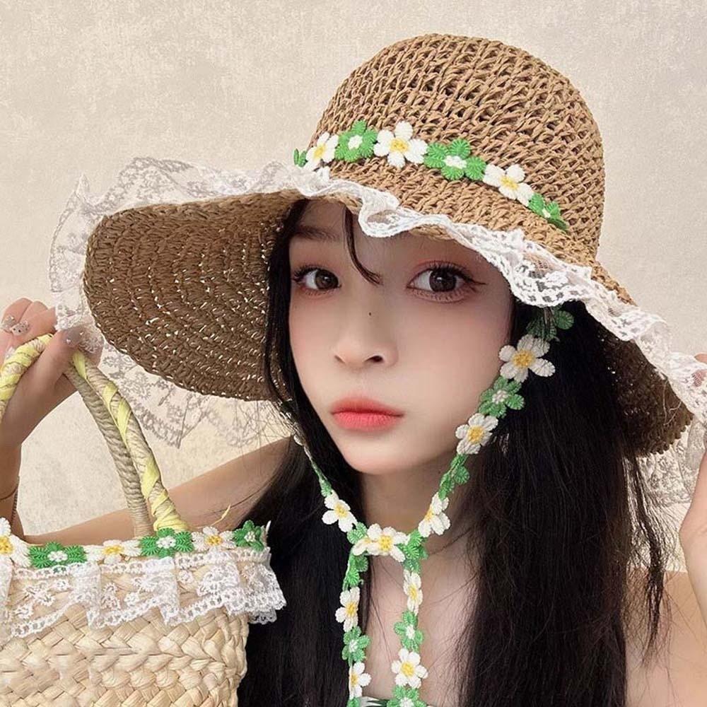 With Garland Big Brimmed Straw Hat Lightweight Woven Sun Cap Elegant Vacation Beach Cap  Carnival