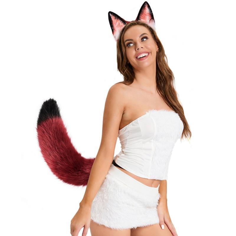 Fox for Cat Ears Headband and Faux Fur Tail for Halloween Cosplay Party Costume Accessories for Cat Ears Tail Set for Ad