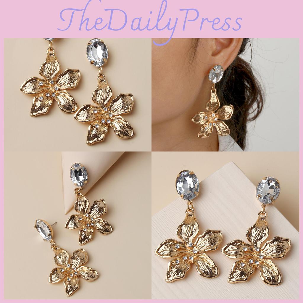 Metallic Gold Flower Earrings With Decorative Stones For Fashion Celebration And