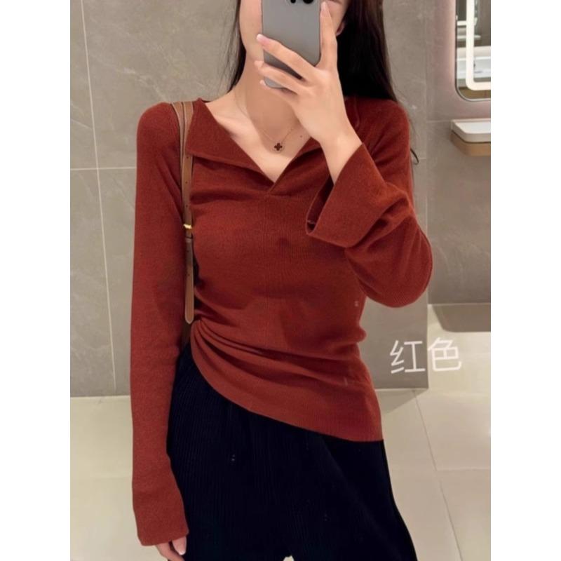 Premium v-neck soft waxy wool knitted sweater women's spring and autumn slim-fitting and thin inner bottoming shirt front shoulder temperament top