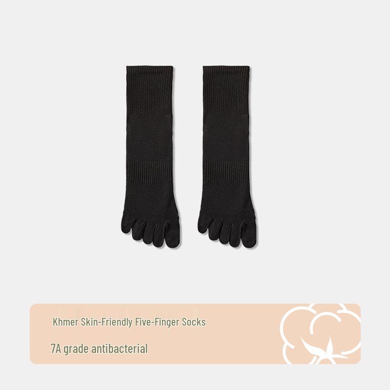Men's Black & White Five-Toe Mid-Calf Cotton Socks - Anti-Odor, Spring/Summer