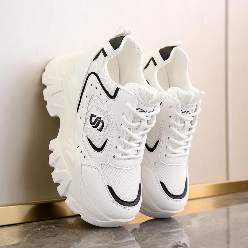 2024 New Spring Autumn Versatile Thick Bottom Height Increase 8CM Travel and Leisure Shoes Mesh Breathable Sports Shoes Sneakers