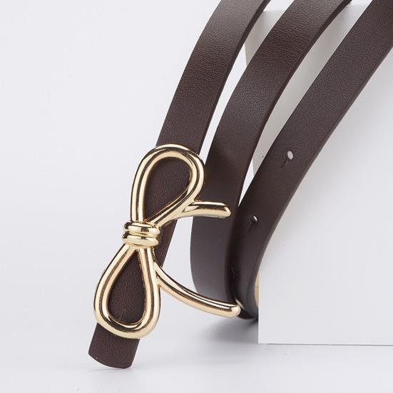 Women Belt Solid Color Metal Bowknot Decorated Imitation Leather Strap Belt Adjustable Holes Slim Waistband
