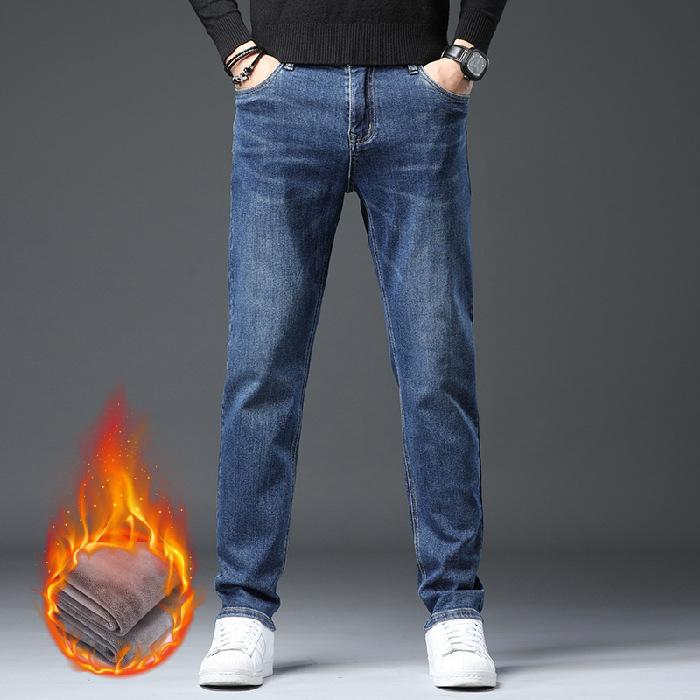 2024 Podzimní A Zimní Nové Teplé A Plyšové Silné Rovné Nohy Elastické Džíny Pro Mužskou Mládež Rovné Nohy Pánské Džíny Trend