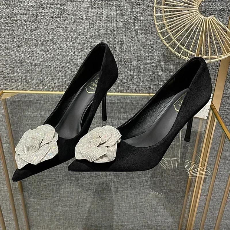 Fashion Elegant Rhinestone Flowers Decorated Brand High Heels Women High Quality Satin Pointed Toe Slide Sandal Fashion Party Dress Shoe