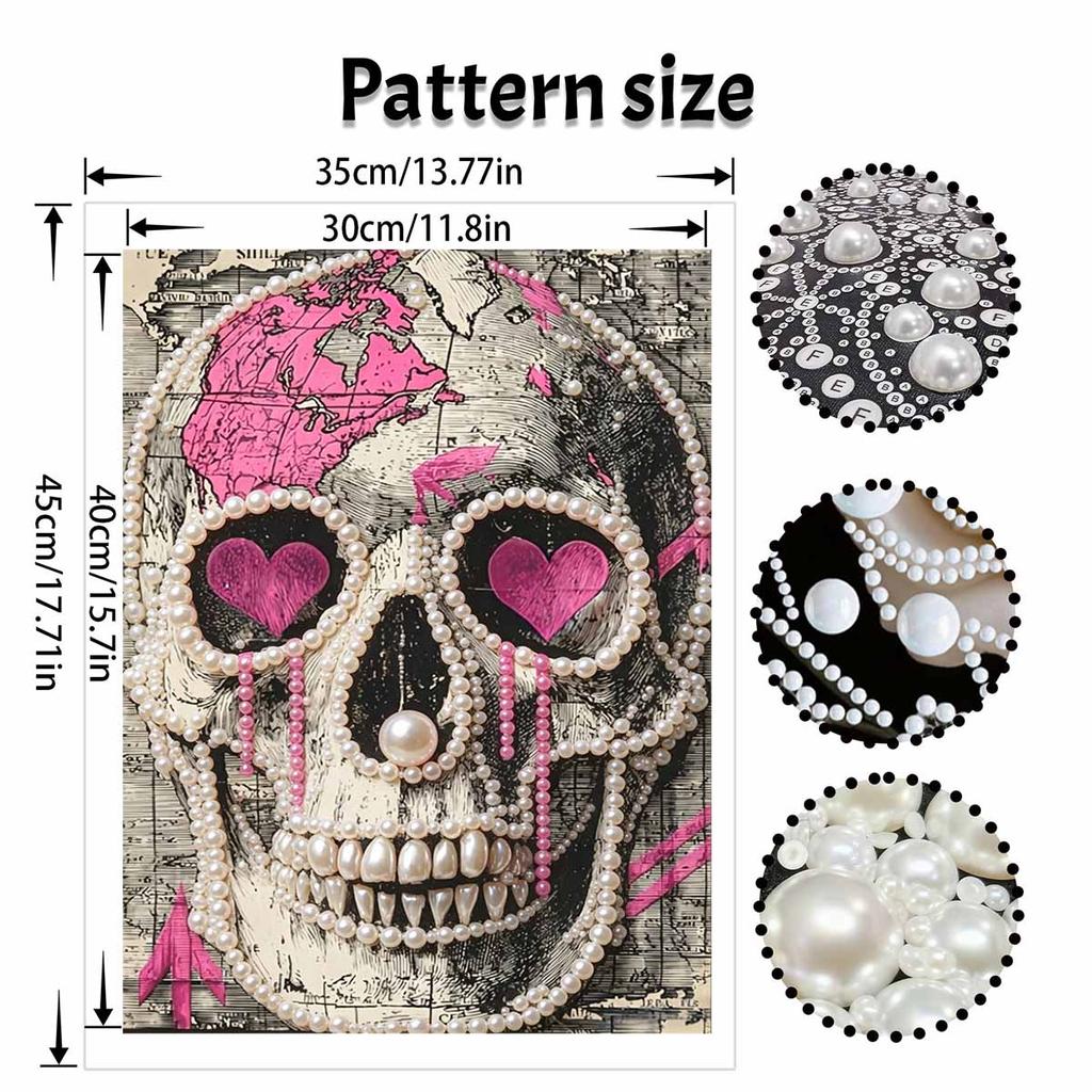 DIY Pearl Bead Art Canvas Pink Heart Skull Map Pattern Frameless 3D Painting Kit for Bedroom Living Room Wall Decor Home Art Gift