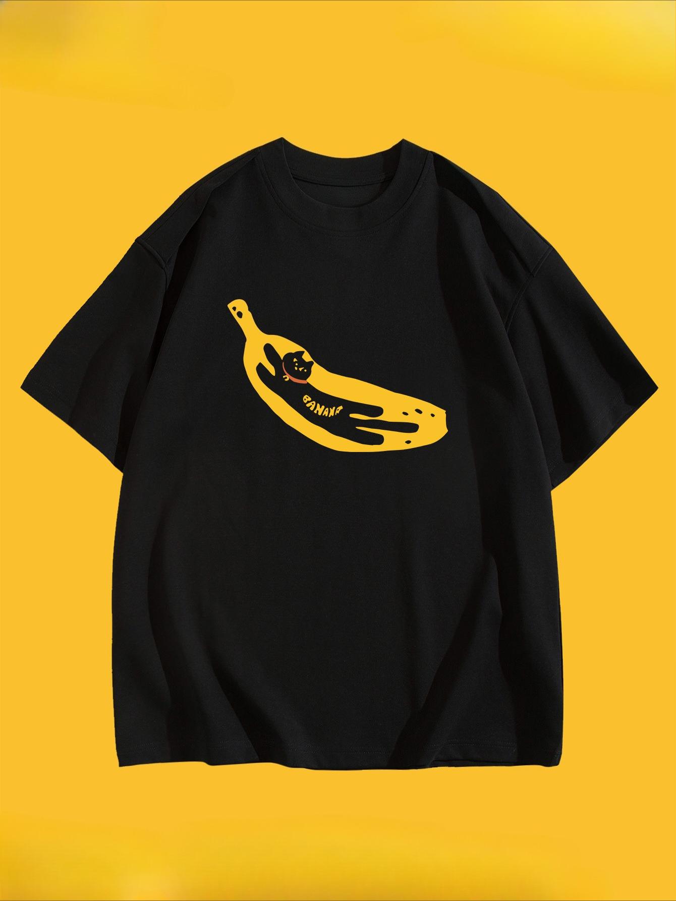 

Creative Cat Banana Pattern Printed Summer Women s T-shirt Top Short Sleeve Round Neck Casual Women s Summer Clothing S