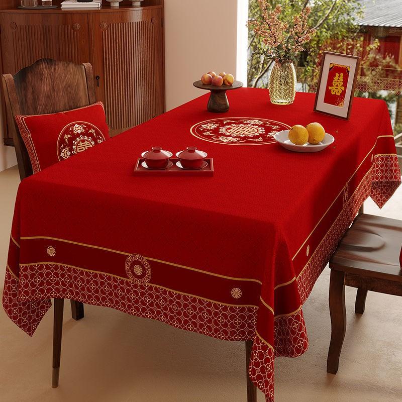 Elegant Red Wedding Tablecloth Rectangular Velvet Waterproof Decorative Dining Table Cover Banquet Celebration