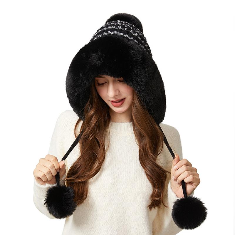 Knitted Hat Winter Big Hair Collar Thick Wool Hat Women's Three Hair Ball Warm Hat