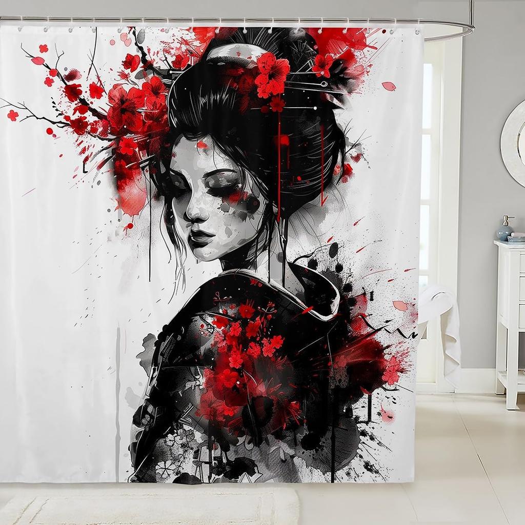 Kids Japanese Geisha Shower Curtain Boys Girls Cherry Blossoms Bathroom Shower Curtain Set Japanese Style Bath Curtain